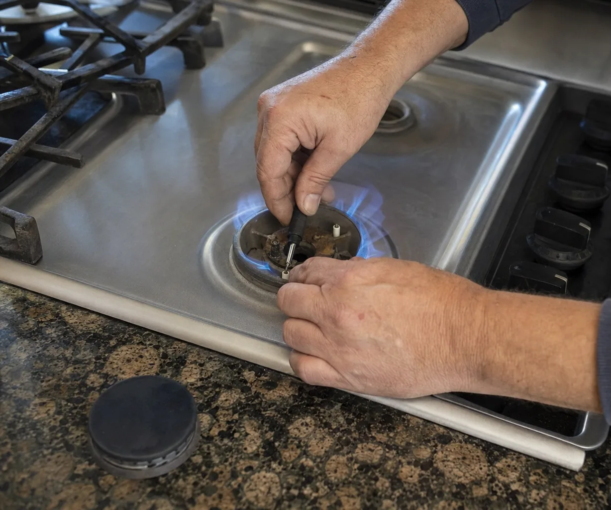 A burner cap set aside on a stone counter beside a lit cooktop burner, hands steady at the edge of the frame