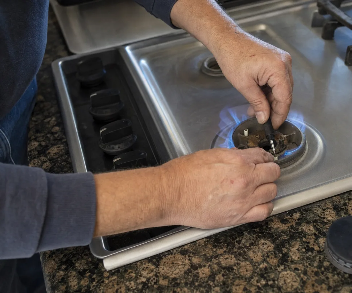 A lit gas cooktop burner photographed close, with a technician steadying the burner cap just above it