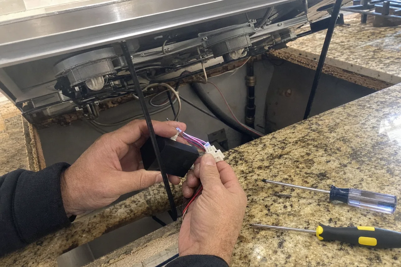 A cooktop hinged up on its supports with hands testing the module underneath and screwdrivers laid on the granite beside it