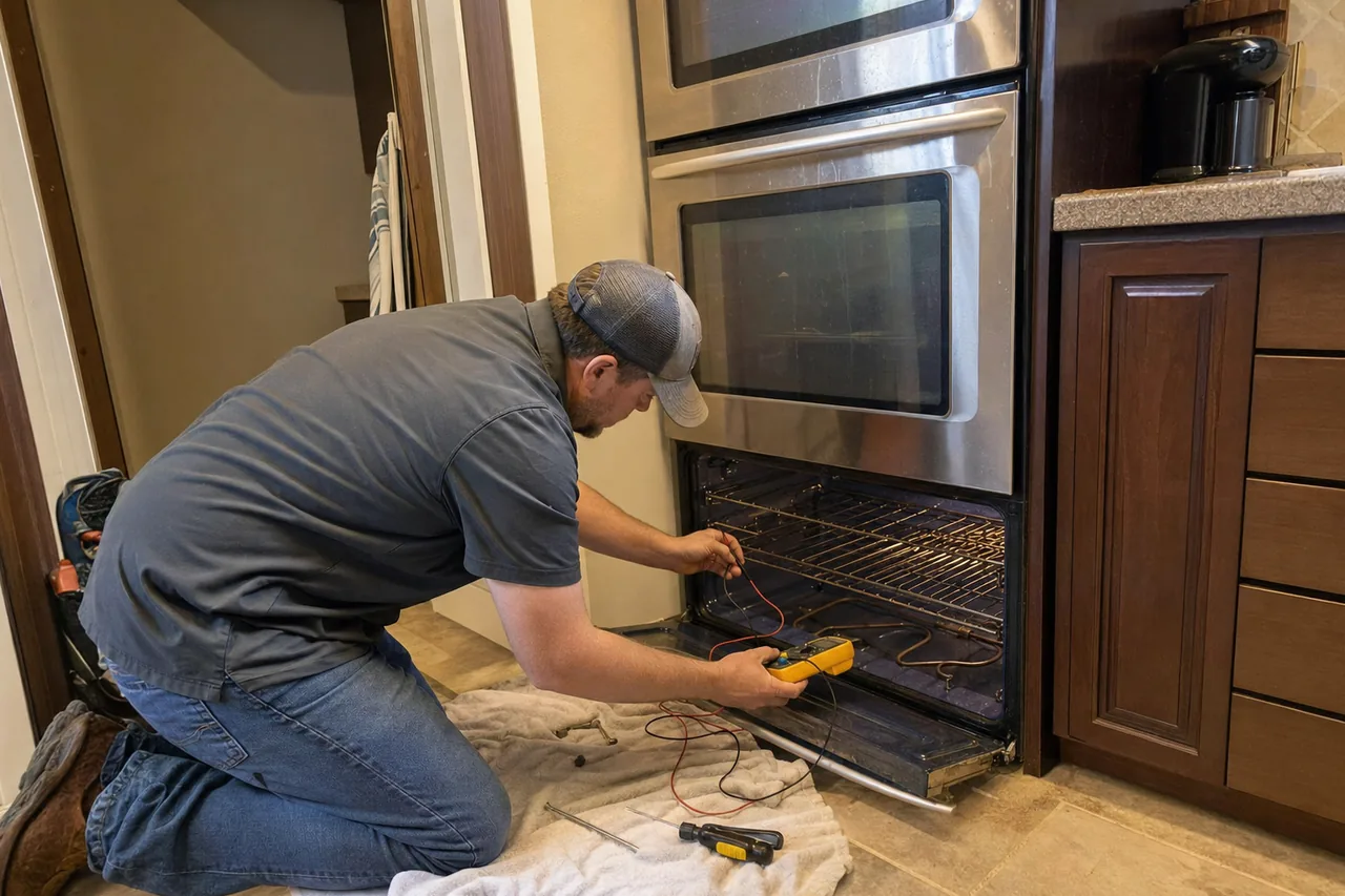 Technician kneeling at a stainless double wall oven with the lower door open and a multimeter in hand