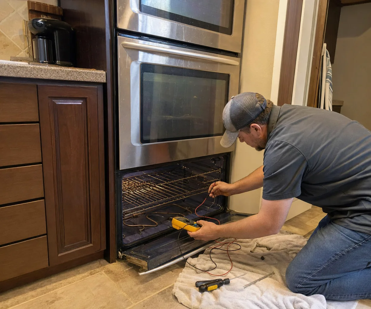 A stainless double wall oven with the lower door swung open and a tool roll on the tile floor in front of it