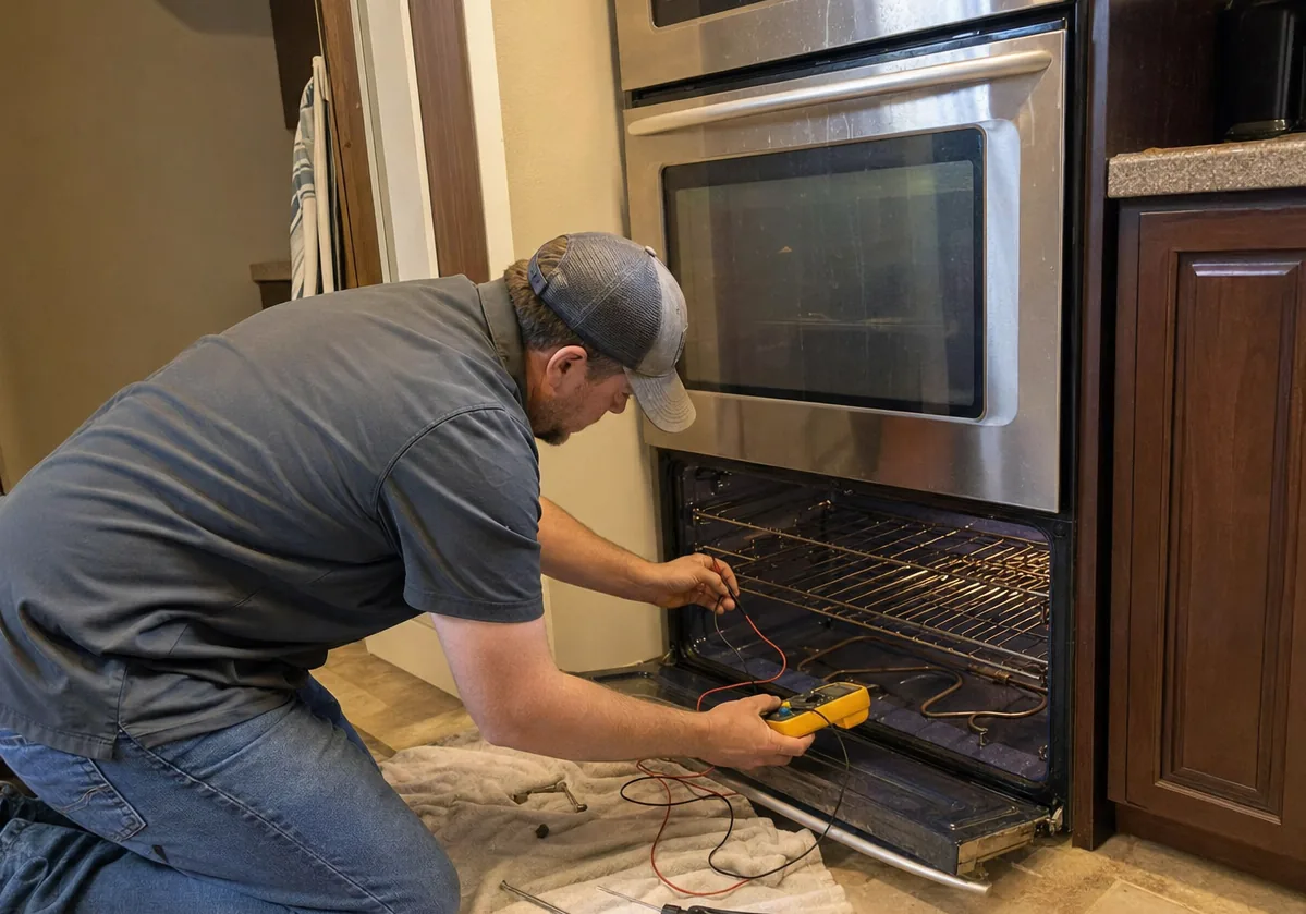 A built-in oven in its cabinet opening with the door open and a technician working in the narrow space in front of it