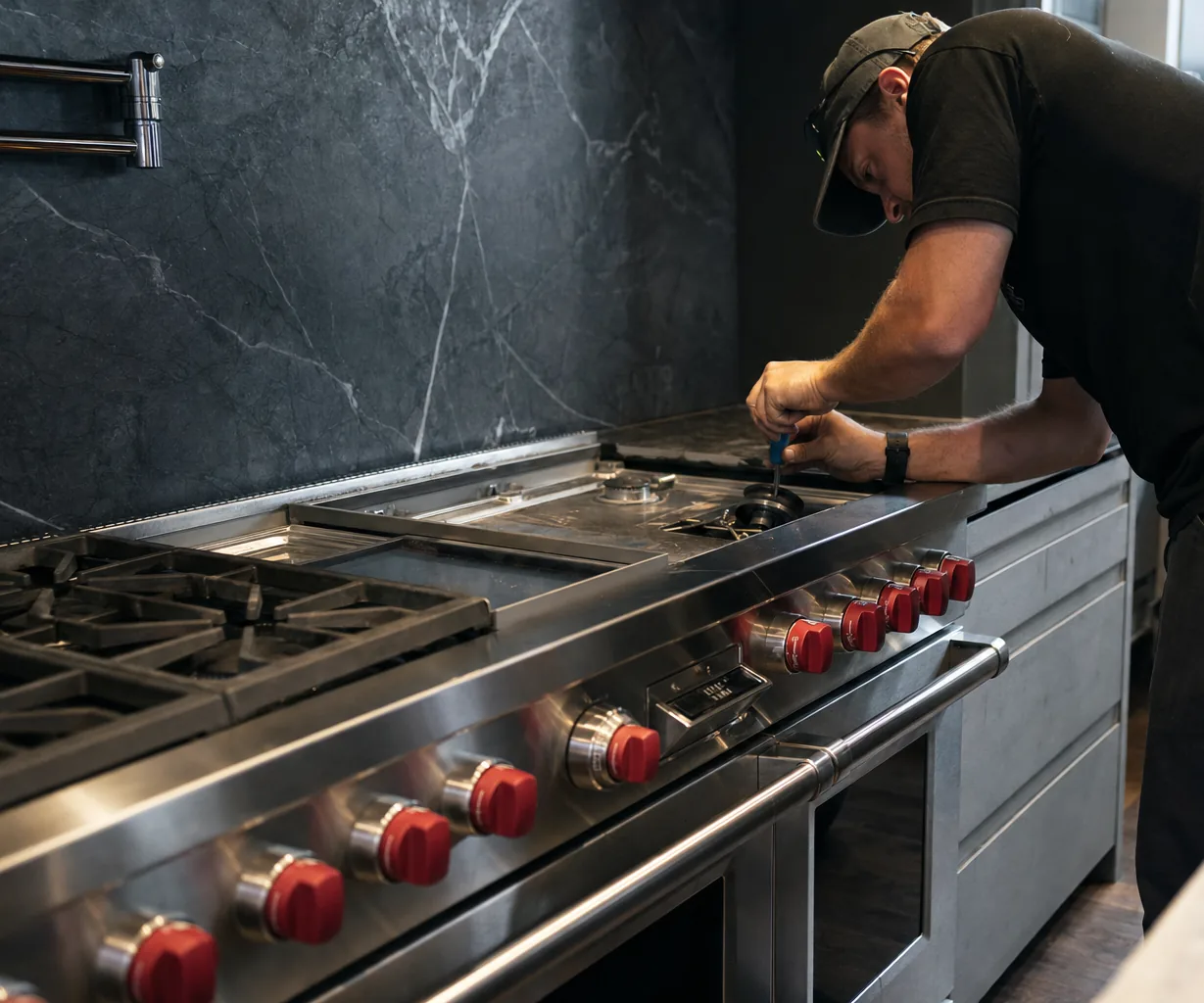 A wide kitchen view with a stainless range at its centre and a technician working at the cooktop surface